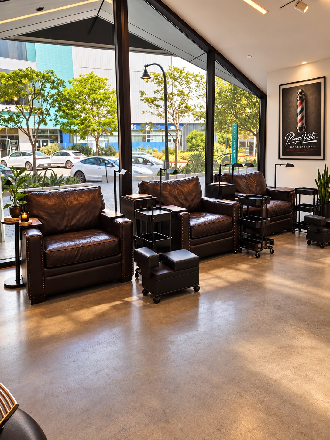 Leather lounge seating by the front windows